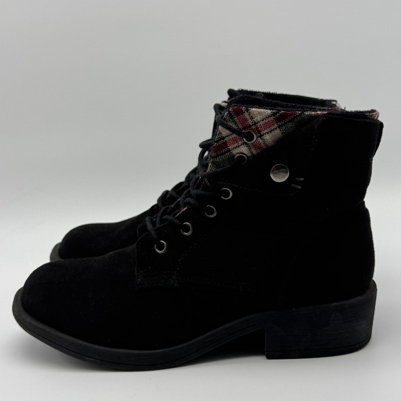 Rock & Candy Junie Black Lace Up Ankle Boots Fold Down Plaid Trim Women's Size 8 - Picture 8 of 13